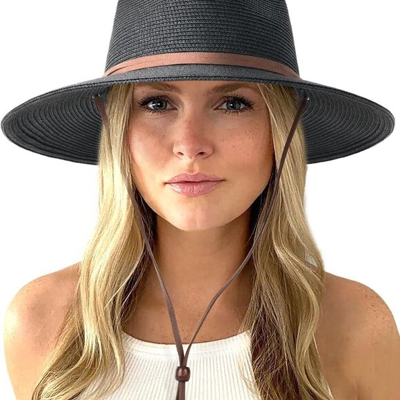 Accessories - Womens Summer Straw Sun Hats Wide Brim Panama Fedora Beach Hat with Wind Lanyard